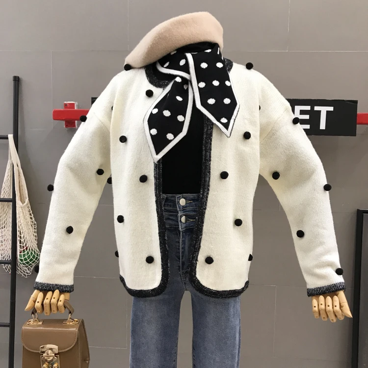 autumn three-dimensional wave point knit cardigan female autumn loose round neck long-sleeved sweater