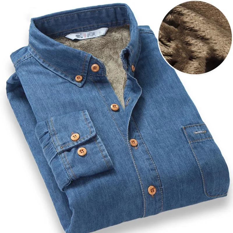 

Top Quality Fashion Brand Winter Jeans Shirt Men Warm Fleece Lined Velvet Denim Shirts 4XL Male Bottoming Shirt