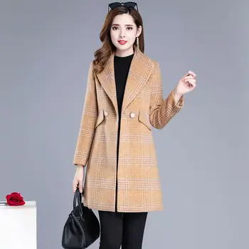 

Plaid Women blend Coats 2020 Autumn and Winter Korean Woolen Trench Coat Ladies Middle Long Female Jackets