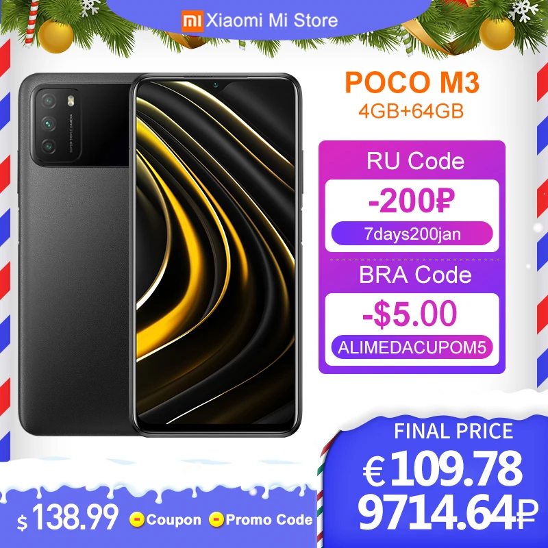 Version mondiale POCO M3 Smartphone Snapdragon 662 Octa Core 4GB RAM 64GB ROM 6000mAh batterie 48MP appareil photo téléphone portable