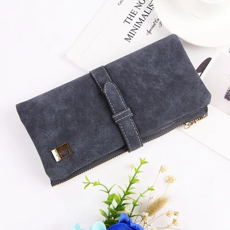 Famous Brand Long Purse Two Fold Women Wallets Drawstring Nubuck Leather Zipper Suede Wallet Ladies carteira Feminina Clutch Bag