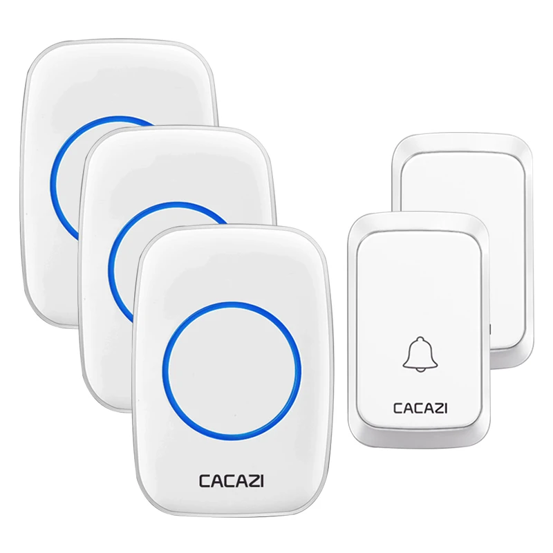 CACAZI puerta campanas 1 2 1 botón 2 receptor inalámbrico impermeable luz de timbre 300M distancia inalámbrico llamada campana 58 timbre blanco