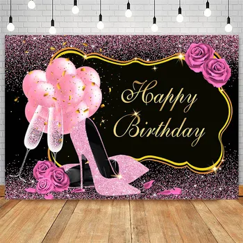 

Pink Glitter Adults Birthday Party Backdrop Balloons Heels Champagne Rose Decor Custom Birthday Photo Booth Background