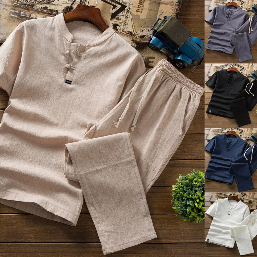 

Summer Fashion Men's Cotton And Linen Short Sleeve Shorts Set Suit Tracksuit DL