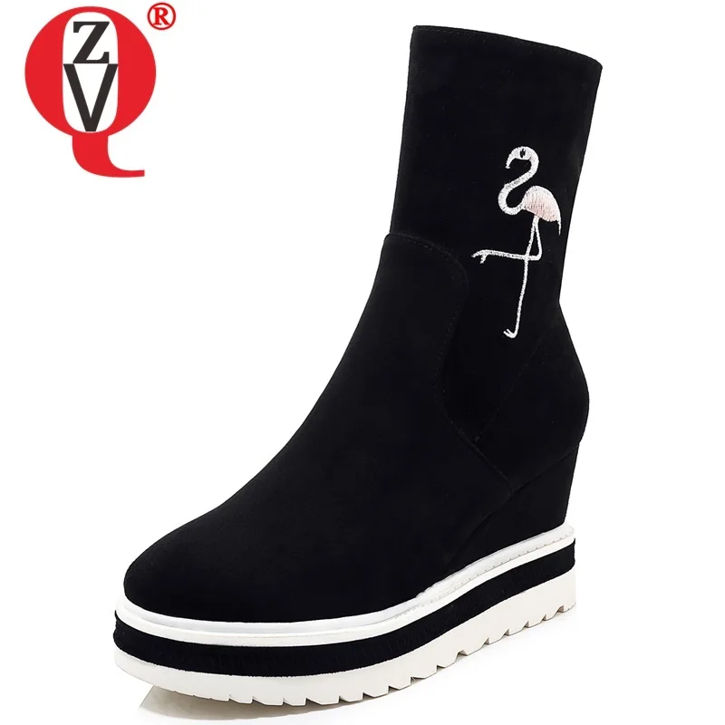 

ZVQ winter new fashion mid calf boots outside high heels platform embroider round toe kid suede zipper women shoes drop shopping