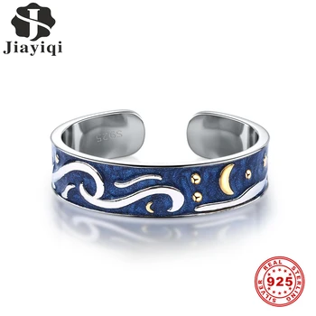 

Jiayiqi Adjustable 925 Sterling Silver Van Gogh Starry Sky Blue Enamel Finger Rings For Women Wedding Anniversary Party Jewelry