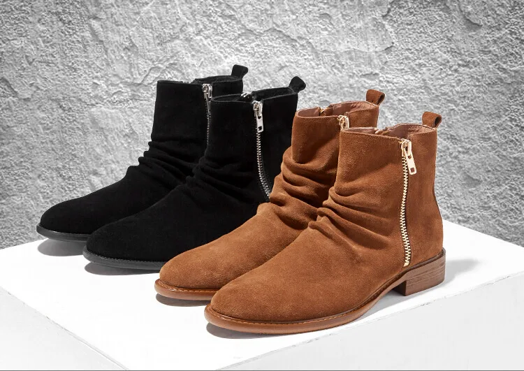 Winter Genuine Leather Warm Suede Boots British Chelsea Boots Fashion Ankle Zip Boots High Boots Work Shoes Bota Masculina