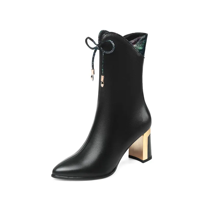 Real leather Women Boot metal high heels mid calf boots New poined Toe Woman Winter Shoes woman large size 34-43 - Цвет: Черный