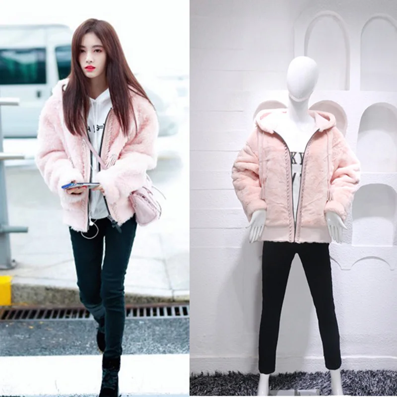 

2019 New Arrival Sweet Cute Pink Fur Plush Jacket Women Warm Parka Faux fur coat Woman Hooded Jacket Coat Winter Thick fur coat