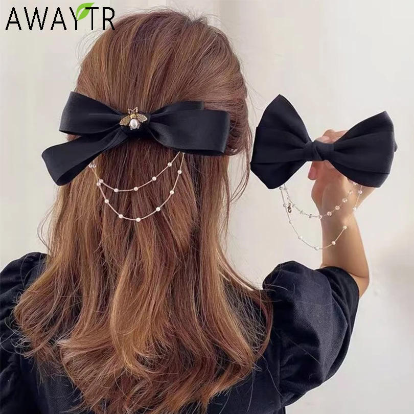 AWAYTR جديد القوس اللؤلؤ سلسلة المشابك دبابيس الشعر للنساء حجر الراين الربيع مقاطع الشعر الشريط عقال ذيل حصان إكسسوارات الشعر