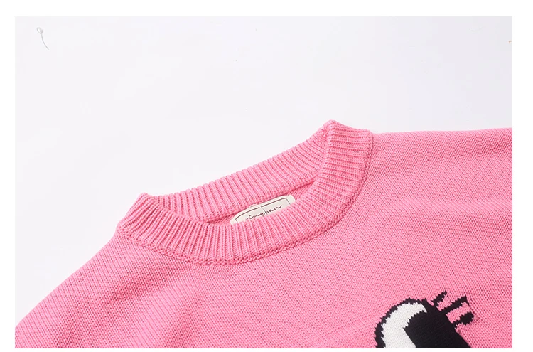 Осенне-зимний Высококачественный Свободный Женский пуловер с длинными рукавами, свитер, розовый жаккардовый хлопковый трикотажный топ с разрезом по бокам и кроликом