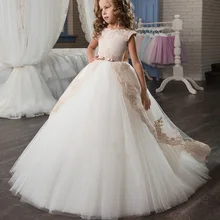 Ball Gown Flower Girls Dresses 2021 Lace Sash Toddler Party Dress for Wedding with Bow Knot Long Tulle Pageant Gown vestido