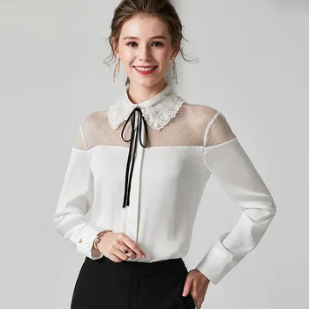 

white chiffon lace silk blouse for women high quality long sleeve 4XL plus size casual sexy office dress shirts dropshipping