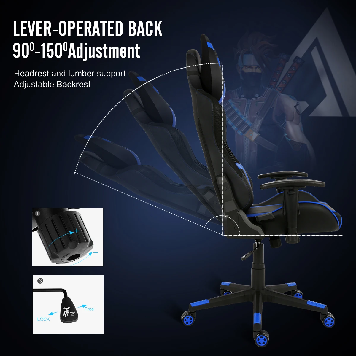  RGB Racing Gaming Chair LED Lighting Computer Chair Ergonomic Adjustable Swivel Task Chair Headrest
