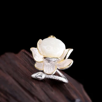 

S925 Sterling Silver Classical Elegant Retro Chinese Style High Ice Seed Lotus Phnom Penh Opening Adjustable Ring Women Jewelry