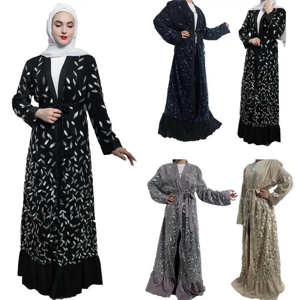 Дубай женское кружевное длинное платье с вышивкой и пайетками мусульманский кафтан абайя открытый кардиган макси кимоно платье "Рамадан"