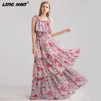 

LINGHAN Fashion Designer Runway dress Spring Summer Women Dress Spaghetti Strap Print Cascading Ruffle Bohemia Maxi Dresses