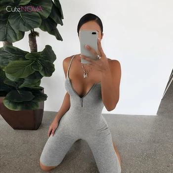 

CuteNOVA V-Neck Zipper Romper Women Summer Clothes Sleeveless Fitness Playsuits Fitness Elastic Hight Solid Color Jogger Ladies