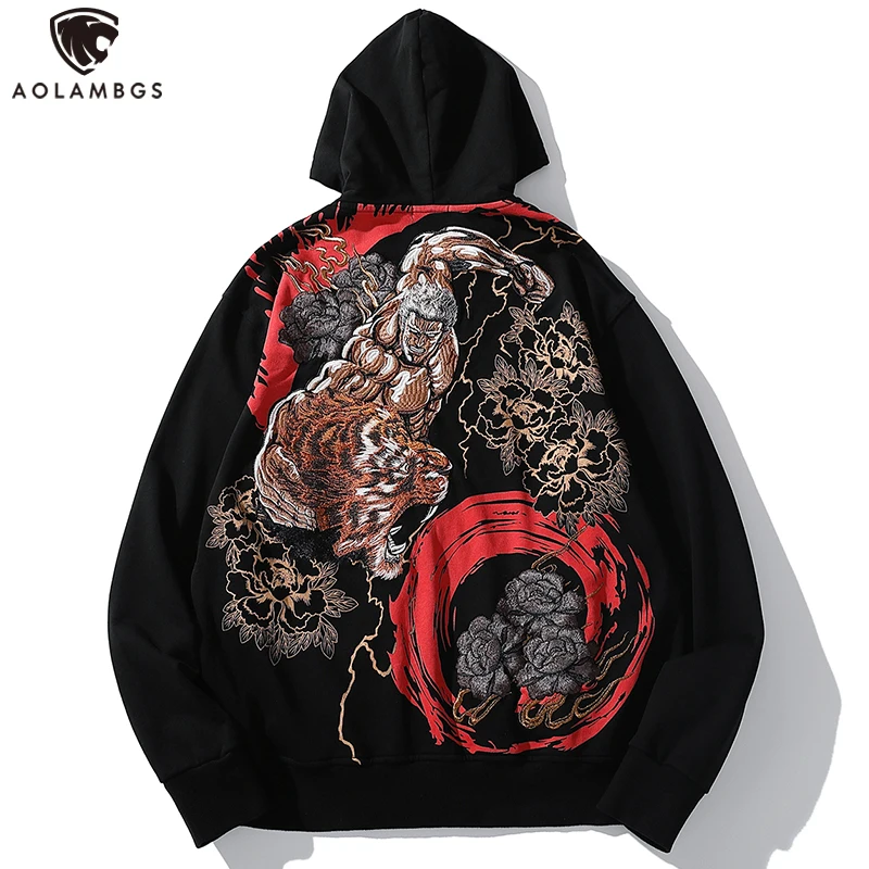 

Aolamegs Men's Embroidery Hoodies Japanese Hooded Sweatshirt Vintage Totems Pullover Autumn Hip Hop Tops Rock Hipster Sportswear