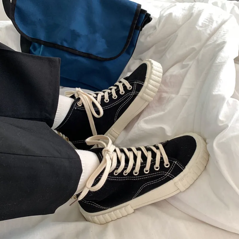 

Womens Sneakers Shoes 2018 Fashion shoes Woman-shoes Designer High Canvas Women's Casual Black Leisure Retro Lace-Up Fabric