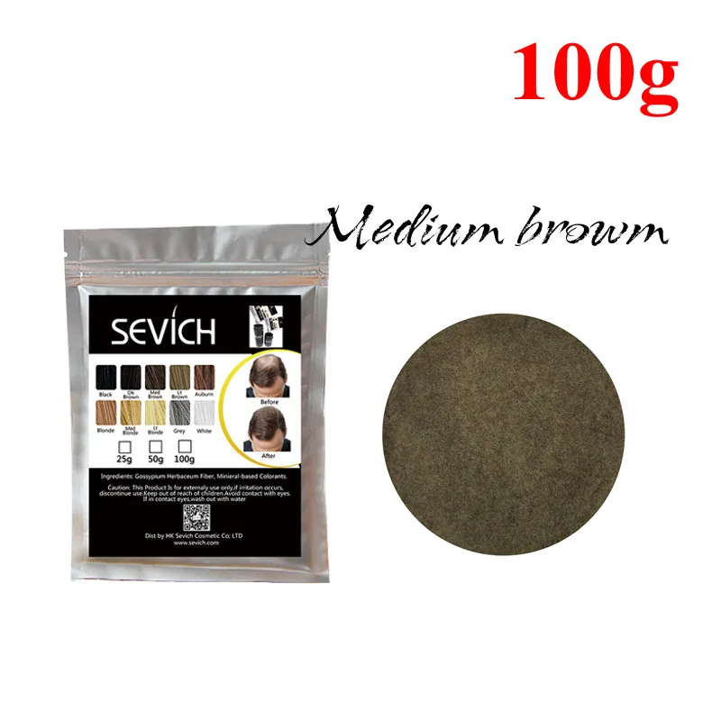 med-brown Sevich refill, 100 г, продукты для выпадения волос, строительное волокно, порошки для волос, утолщенные тонкие волосы, 10 цветов, Кератиновое восстановление волос - Цвет: med-brown
