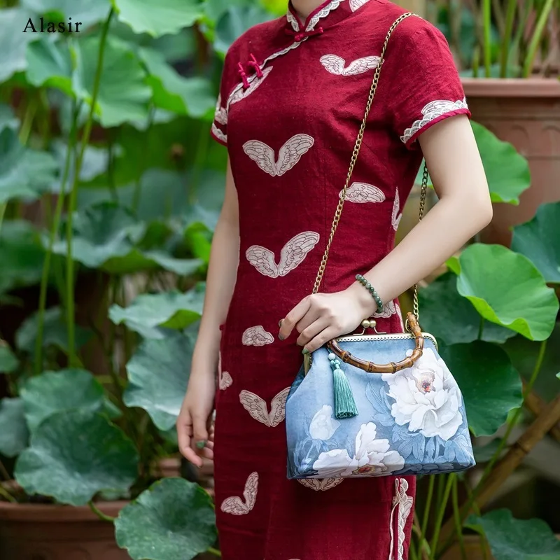 Alasir Hibiscus бамбуковая ручка китайский стиль женские сумки Чонсам женская сумка винтажные цветы сумки на плечо Национальный
