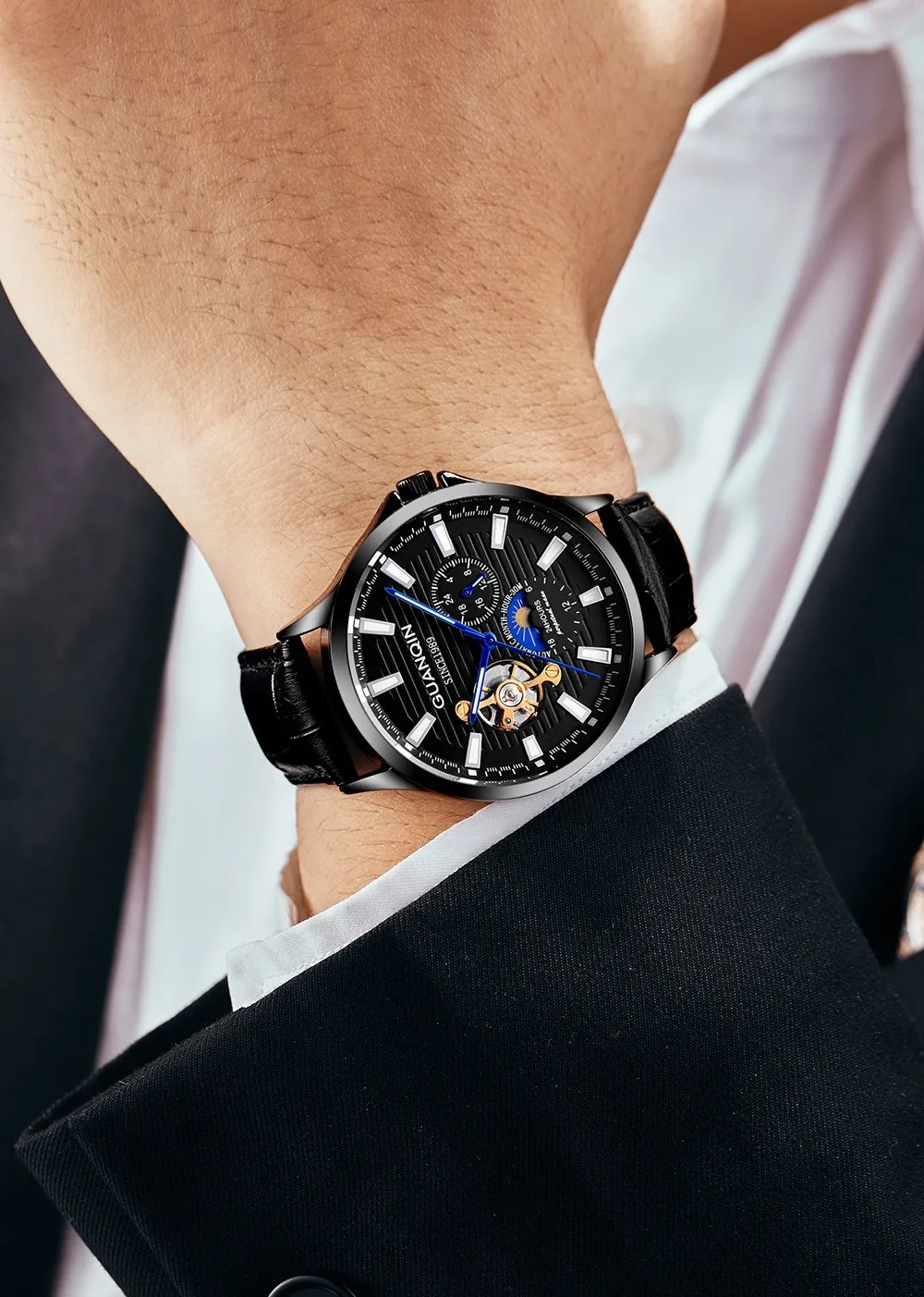 GUANQIN брендовые классические мужские модные часы автоматические механические часы с турбийоном из натуральной кожи водонепроницаемые деловые наручные часы
