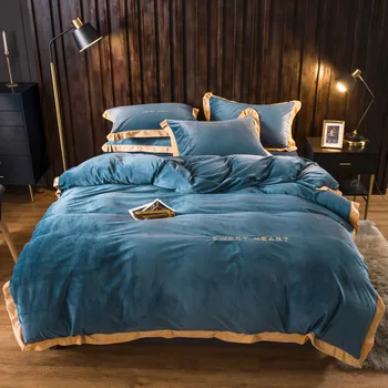 

Winter Crystal velvetbedding set Crystal velvet Coral fleece duvet cover Keep warm Flannel bedsheet embroidery velvet pillowcase