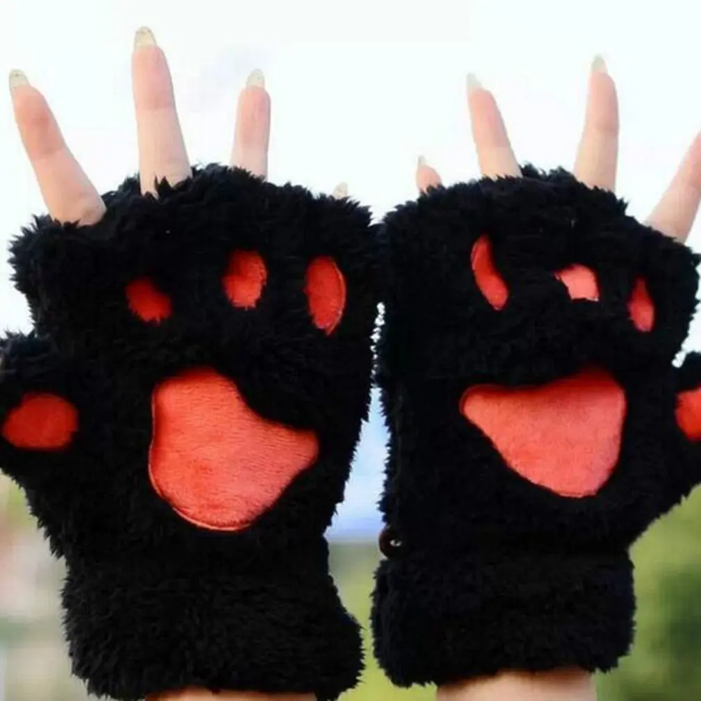 Перчатки Плюшевые без пальцев теплые пушистые митенки с когтями/кошачьими