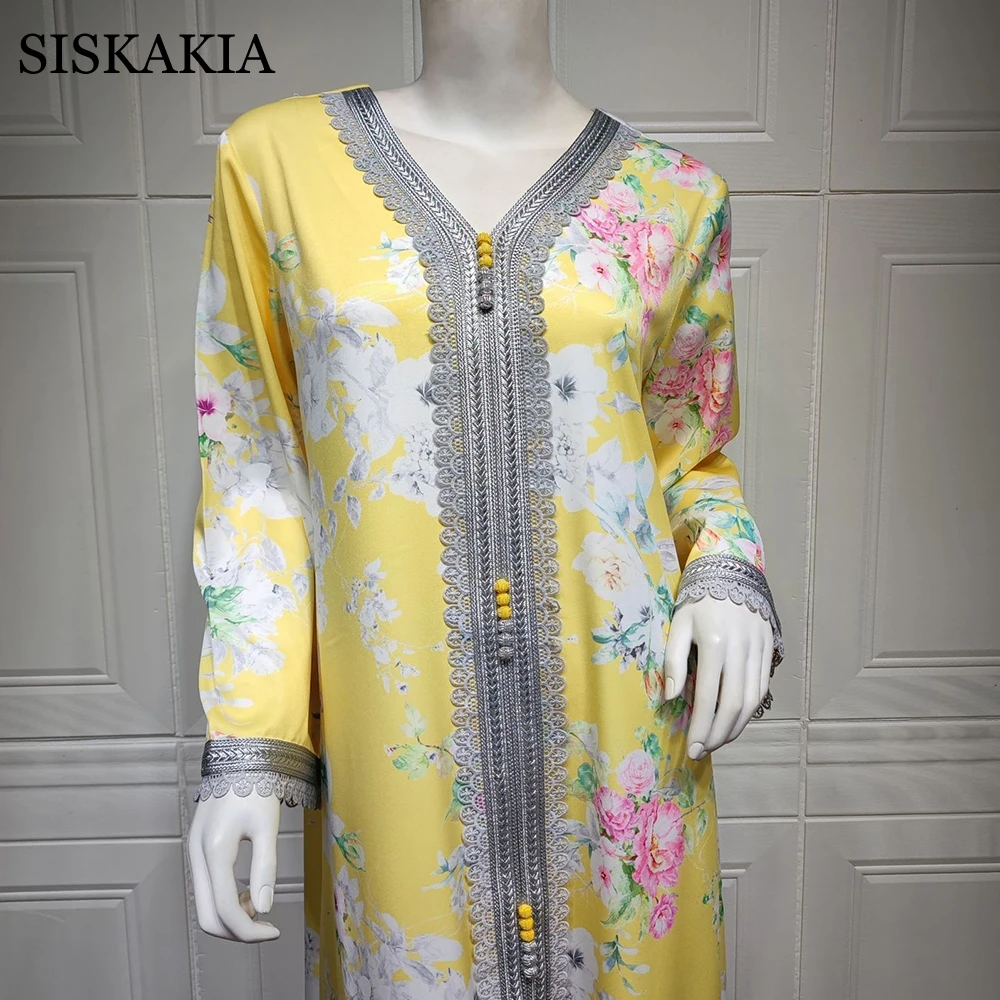 Siskakia Ramadan Eid Maxi Dress for Women Elegant Yellow Floral Lace Ribbon V Neck Dubai Turkey