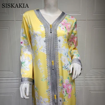 Siskakia Ramadan Eid Maxi Dress for Women Elegant Yellow Floral Lace Ribbon V Neck Dubai