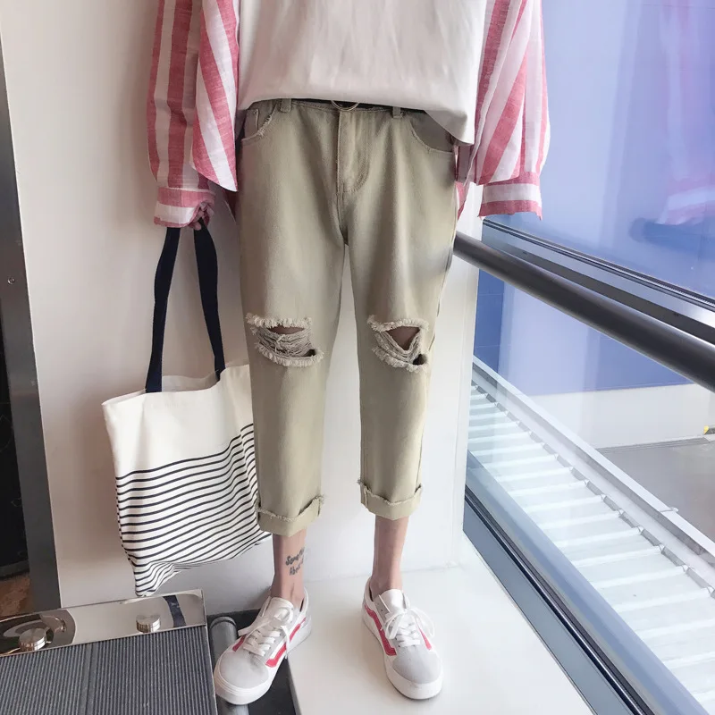 

2018 Summer Men New Style Solid Color Trend Ripped Pants Casual Loose-Fit Slim Fit Straight-Cut Harem Capri Pants