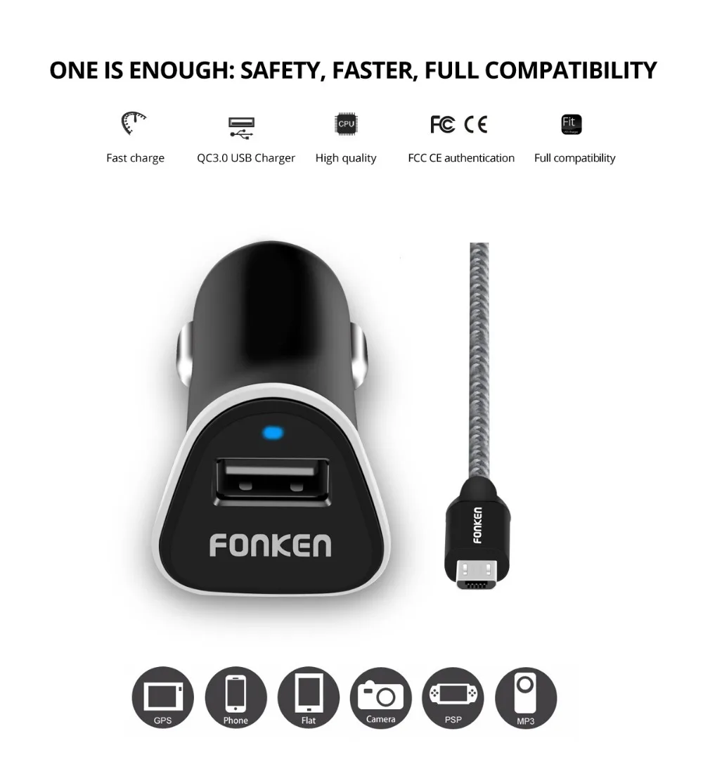 Автомобильное зарядное устройство FONKEN 12V 1.5A Быстрая зарядка 3,0 Автомобильное зарядное устройство с зарядным кабелем QC3.0 быстрая светодиодная подсветка для зарядного устройства зарядное устройство для мобильного телефона