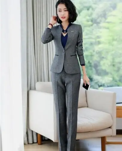 greypantsuit Профессиональная одежда новые темпераментные Модные женские костюмы с юбкой OL формальные с длинным рукавом Тонкий Блейзер и юбка офисные женские рабочие костюмы - Цвет: greypantsuit