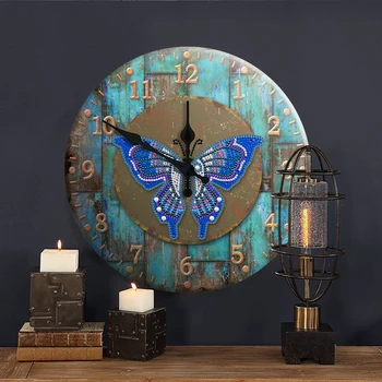

Retro Signboard Butterfly Diamond Painting Clock Metal Tin Painting With Diamonds Vintage Nostalgia Cafe Pub Wall Decor
