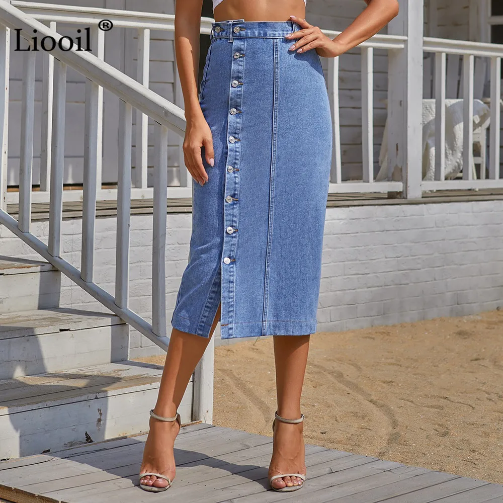 

Blue Denim Midi Skirt Women 2020 Asymmetric Patchwork Button Up High Waisted Summer Autumn Ladies Streetwear Skinny Jean Skirts