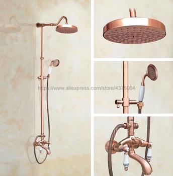 

Antique Red Copper Bathroom Rainfall Shower Faucets Set Double Handle Mixer Tap Wall Mounted Bath Showers Sets Nrg636