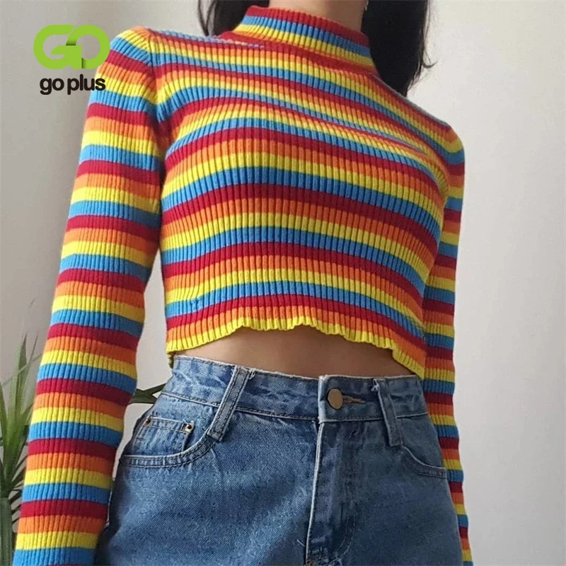 

GOPLUS Sweater Jumper Women Rainbow Striped Long Sleeve Short Sweaters Turtleneck Pullover Pull Femme Sweter Dames Trui C10092