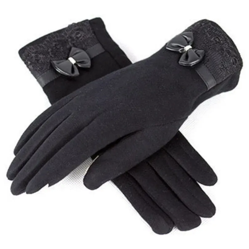 New Bow Black YRRETY, женские кашемировые перчатки для улицы, Осень-зима, женские теплые перевернутые рукавицы, хлопковые перчатки на запястье, однотонные женские шерстяные перчатки - Цвет: New Bow Black