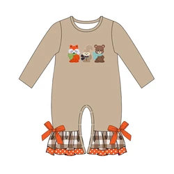 Barboteuse à manches longues pour filles, barboteuse marron avec nœud Orange, motif brodé renard, écureuil et ours, pour bébés 
