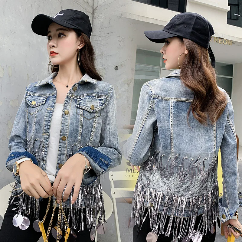 Luxury Denim Jacket Female Autumn New Tassel Sequins Long Sleeve Plus Size Coat Slim Turn-Down Collar Rivet jacket Coat - Цвет: picture color