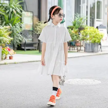 

Children Summer Girls Clothing 2020 New Big Girls Casual Dress Turn Down Collar Kids Girls Elegant Dresses Fashion Cotton