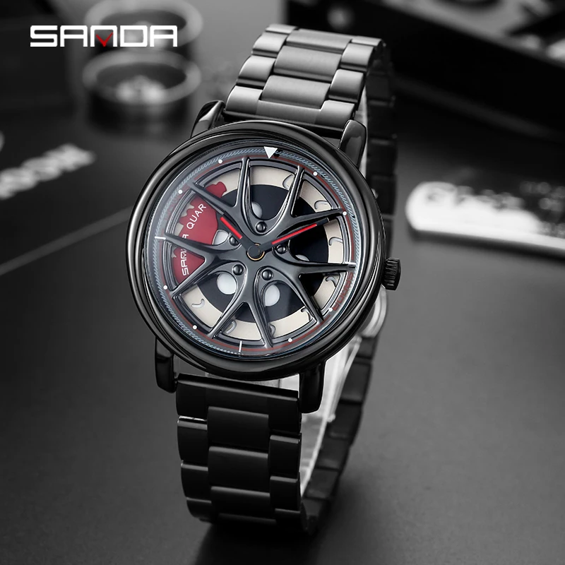 SANDA High Quality Stainless Steel Strap Men Watch Premium Quartz Movement Wheel Shaped Rotating Dial Relogio Masculino 1025