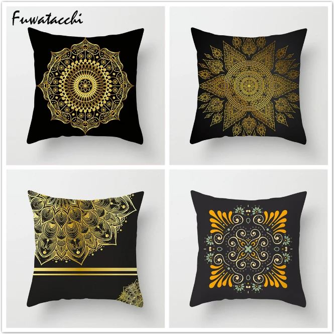 

TTLIFE Floral Style Printed Cushion Cover Black Gold Throw Pillows Mandala Pillow Cover Decorative Pillowcase for Home Sofa