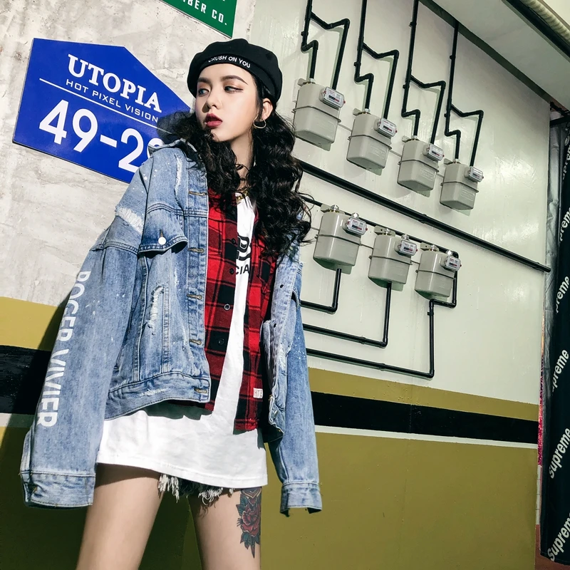 RUGOD/Новинка года; Осенняя Женская свободная джинсовая куртка с надписью сзади и принтом в стиле панк; пальто оверсайз; шикарная корейская модная куртка