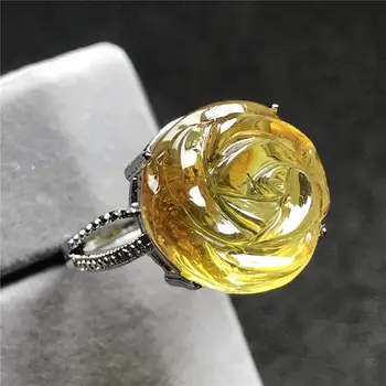 

15mm Top Natural Yellow Amber Ring For Woman Lady Man Flower Carved Crystal Silver Beads Gemstone Adjustable Ring Jewelry AAAAA