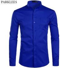 Мужские рубашки Королевского синего цвета, коллекция, брендовая рубашка с воротником-стойкой, мужская повседневная рубашка с длинным рукавом на пуговицах и карманом, 2XL