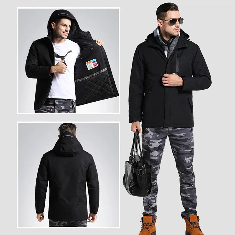 Мужские и женские зимние USB толстые теплые хлопковые походные куртки, уличная Водонепроницаемая ветровка для кемпинга, походов, альпинизма с подогревом - Цвет: black for men
