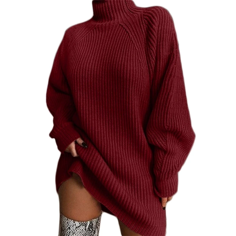 Women Raglan Sleeve Turtleneck Midi Long Sweater Dress Knit Solid Loose Jumper