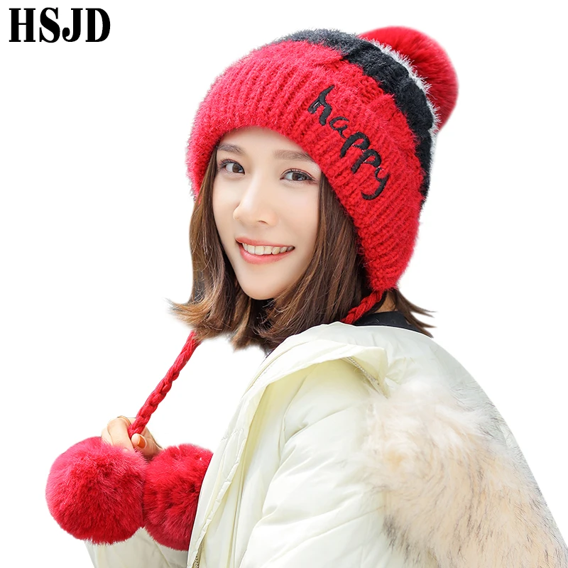 

Women Winter Caps Cashmere Knitted Hats Three Pompom Ear Protection Cap Autumn Female Wool Beanies Hat With Three Ball Bonnet